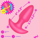 Bang Thrusting & Vibrating Silicone Butt Plug Pink dimensions and features including size, waterproof, and rechargeable.