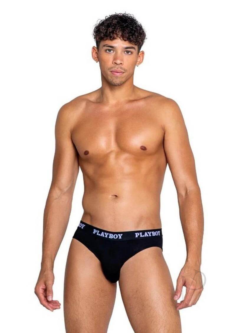 Playboy Mens Modal Gym Brief XLarge Black worn by model, showcasing comfort and style in black modal fabric.