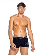 Playboy Mens Tuxedo Boxer Brief X Large worn by a model showcasing its stylish design and fit.