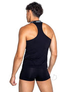 Playboy Mens Tuxedo Boxer Brief X Large worn by a model showing a sleek, stylish back view in black.