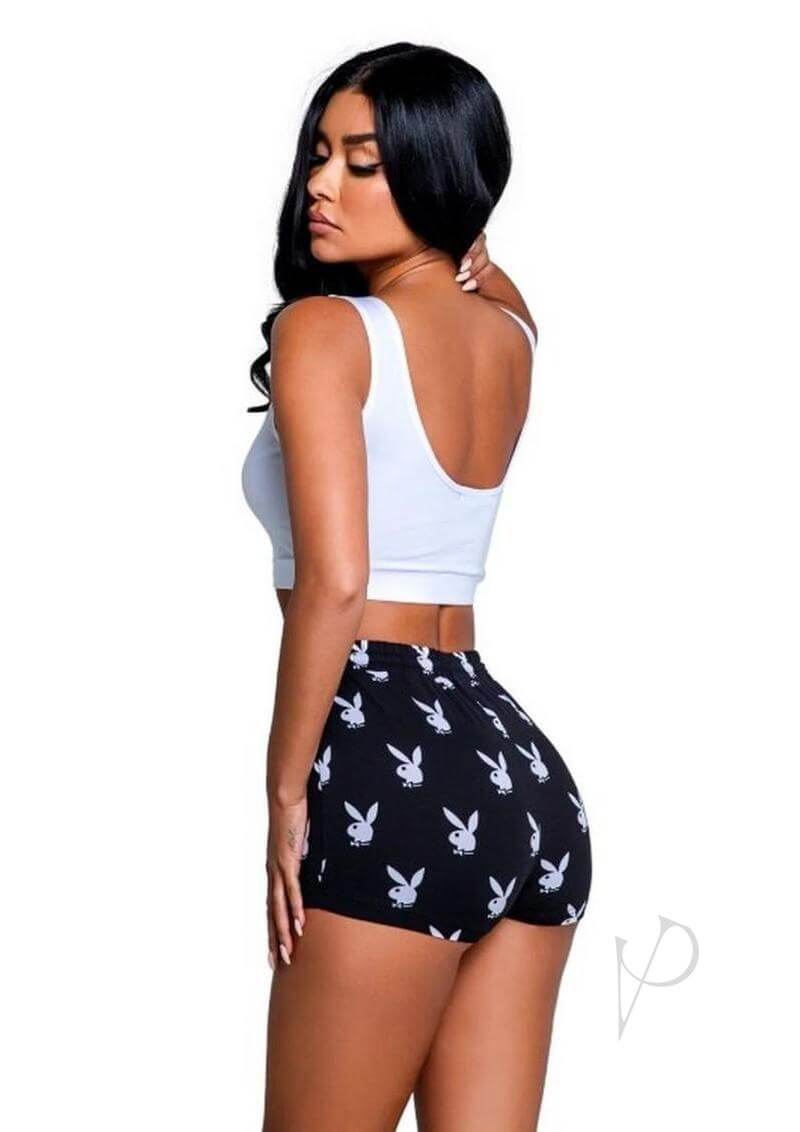 Playboy Slumber Bunny Set 2 Piece Small Black White featuring a model in a cropped tank and bunny print shorts.