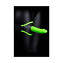 Ouch Glow In The Dark Thigh Strap-On With 5 Inch Dildo featuring fluorescent green detailing on a harness.