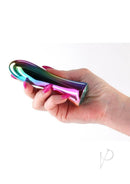 INYA Shimmer Rechargeable Metal Vibrator Multicolor held in a hand with glossy, multicolored finish.