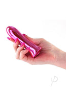 INYA Shimmer Rechargeable Steel Vibrator Pink held in a hand, showing its polished finish and sleek design.