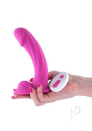 Colours Curve 6 Inch Remote Control Vibrating Dildo Pink with remote control held in hand.