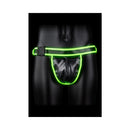 Ouch Glow In The Dark Buckle Jock Strap Neon Green S/M displayed on a mannequin against a dark background.
