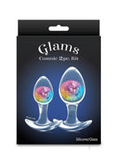 Cosmic Glams Silicone Anal Plug 2 Piece Kit Rainbow in packaging, featuring colorful internal glass marbles.