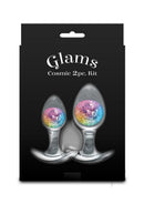 Cosmic Glams Silicone Anal Plug 2 Piece Kit Rainbow in packaging with vivid colors and glass marbles.