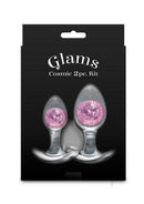 Cosmic Glams 2 Piece Silicone Anal Plug Kit Pink showcased in elegant packaging with vibrant glass marbles.