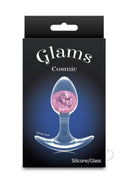 Cosmic Glams Silicone Anal Plug Small Pink in packaging with a shimmering pink glass marble.