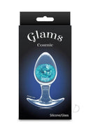 Packaging of Cosmic Glams Silicone Anal Plug Medium Blue featuring a glittering glass marble and body-safe silicone.