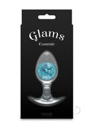 Cosmic Glams Silicone Anal Plug Medium Blue in attractive packaging with sparkling blue glass marble.