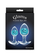 Cosmic Glams Silicone Anal Plug 2 Piece Kit Blue packaging featuring two coordinated plugs with glass marbles.
