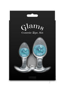Cosmic Glams Silicone Anal Plug 2 Piece Kit Blue featuring two stylish anal plugs with vibrant glass marbles.