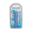 Realrock Crystal Clear 6 Inch Dildo Without Balls Blue in packaging with suction cup, featuring a flexible design.