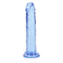 Realrock Crystal Clear 6 Inch Dildo Without Balls Blue displayed standing upright, showcasing its translucent blue design.