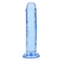 Realrock Crystal Clear 6 Inch Dildo Without Balls Blue displayed against a white background, showcasing its smooth design.