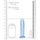 Realrock Crystal Clear 6 Inch Dildo Without Balls Blue dimensions displayed alongside a can and lipstick for size reference.