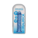Realrock Crystal Clear Straight 7 Inch Dildo Blue in packaging with features highlighted.