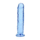 Realrock Crystal Clear Straight 7 Inch Dildo Blue showcasing its sleek, translucent blue design and smooth shaft.