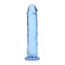 Realrock Crystal Clear Straight 7 Inch Dildo Blue features a sleek blue design, perfect for various types of stimulation.