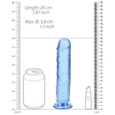 Realrock Crystal Clear Straight 7 Inch Dildo Blue next to a can for size reference.