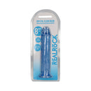 Realrock Crystal Clear Straight 8 Inch Dildo No Balls Blue in packaging, showcasing its flexible design and suction cup feature.