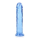 Realrock Crystal Clear Straight 8 Inch Dildo No Balls Blue showcasing translucent design and smooth shaft for pleasure.