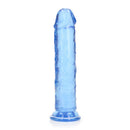 Realrock Crystal Clear Straight 8 Inch Dildo No Balls Blue showcasing its sleek blue design and smooth shaft.
