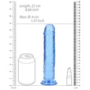Realrock Crystal Clear Straight 8 Inch Dildo No Balls Blue with measurement details and dimensional comparison