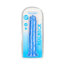 Realrock Crystal Clear Straight 10 Inch Dildo Blue in packaging with sleek blue design and suction cup base.