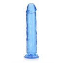 Realrock Crystal Clear Straight 10 Inch Dildo Blue in transparent blue finish with tapered design.