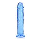 Realrock Crystal Clear Straight 10 Inch Dildo Blue with smooth, transparent blue finish and tapered design.