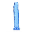 Realrock Crystal Clear Straight 10 Inch Dildo Blue with a transparent blue finish and smooth tapered design for pleasure.