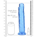 Realrock Crystal Clear Straight 10 Inch Dildo Blue with measurement scale and comparison to a can.