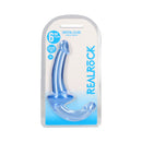 Realrock Crystal Clear 6 Inch Strapless Strap-on Dildo Blue in packaging, showcasing its modern design and color.