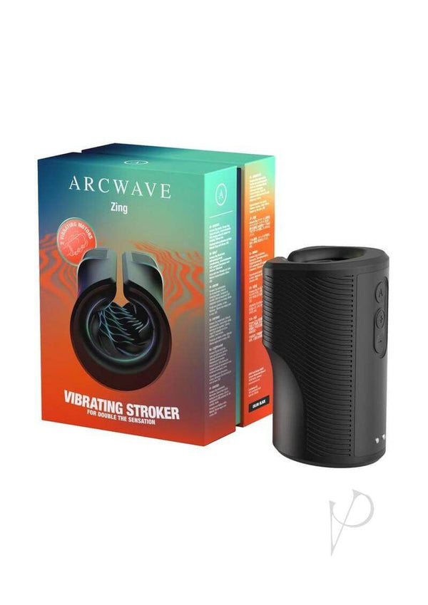 Arcwave Zing Vibrating Stroker Dual Motor Masturbator Black with packaging showcasing design and features.