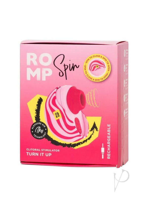 Romp Spin Travel Clitoral Stimulator Turn It Up Pink packaging featuring fun design and rechargeable feature.
