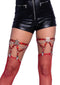 Leg Avenue red pentagram studded thigh high garter suspender with chain detail, worn over fishnet stockings.