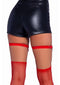Leg Avenue red thigh high garter suspenders with fishnet stockings paired with black leather shorts.