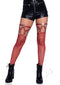 Leg Avenue Pentagram Studded Red Thigh High Garter Suspender with Chain Detail, featuring fishnet stockings and stylish black shorts.