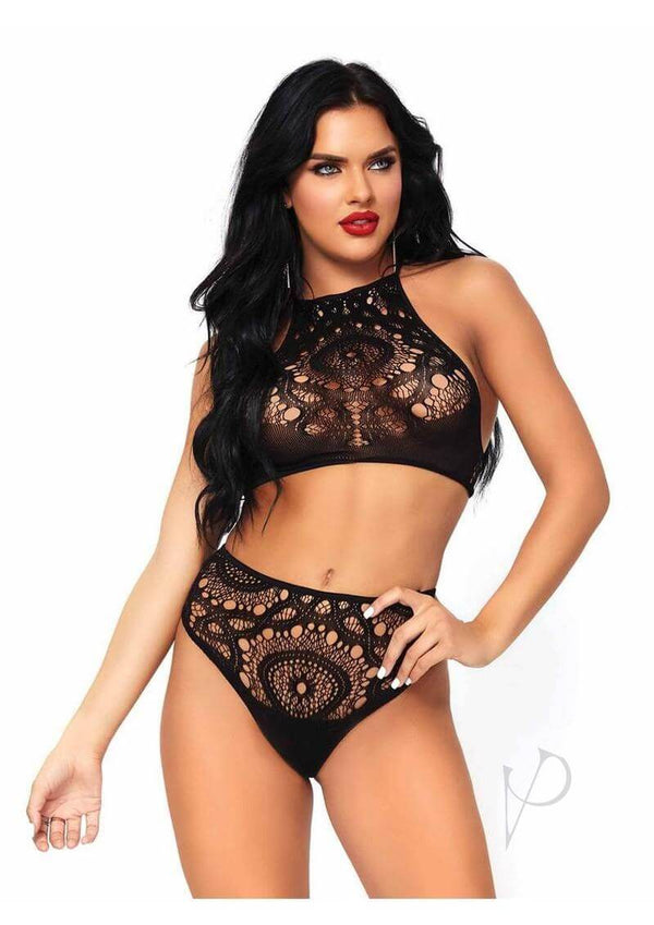 Crochet Halter Strap Thong 2pc Sm/md Blk-0