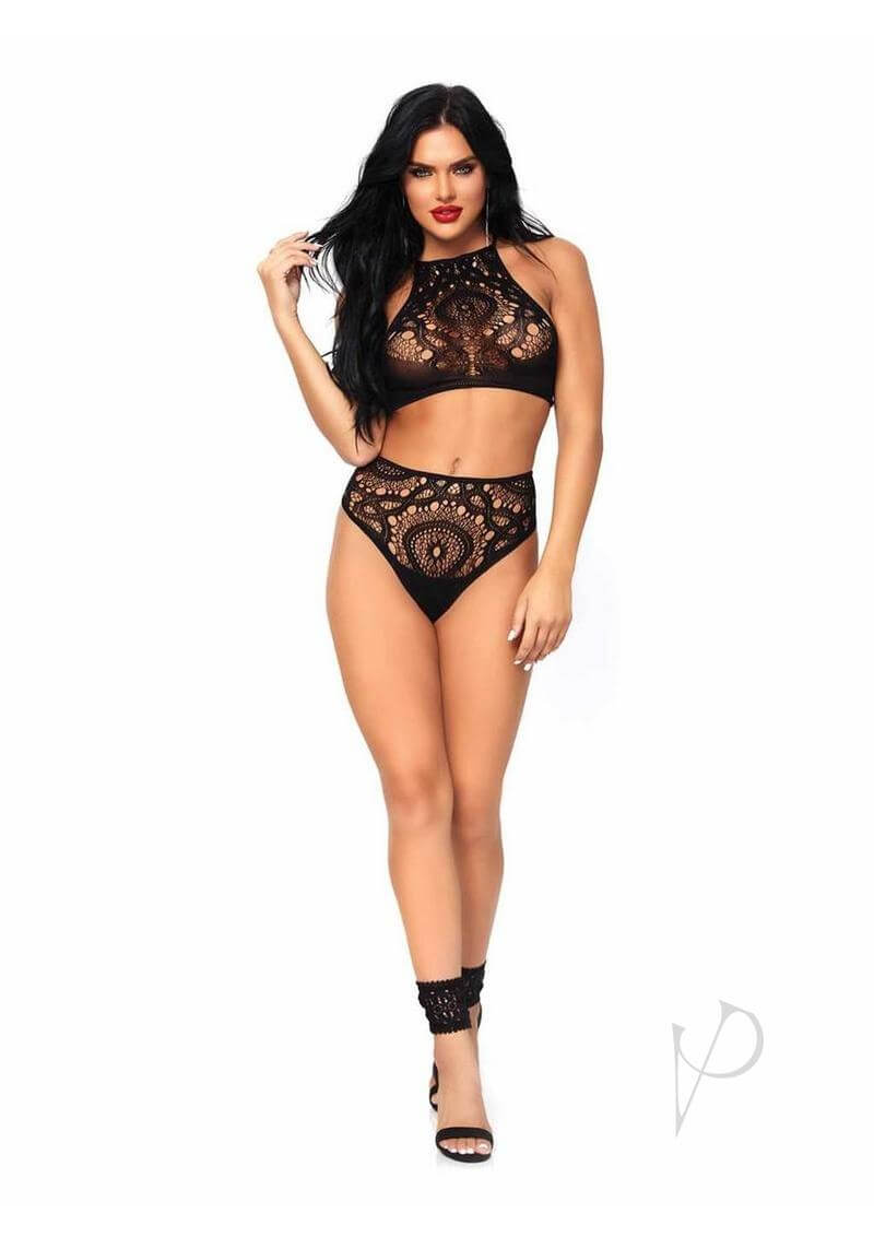 Crochet Halter Strap Thong 2pc Md/lg Blk-2