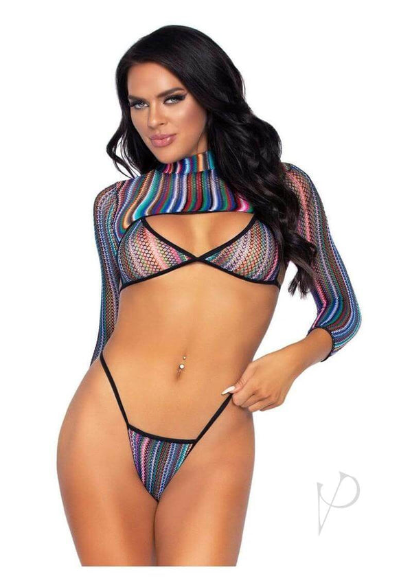 Stripe Net Top Panty Sleeve Top 3pc Mult-0