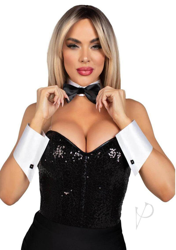 Leg Avenue Tuxedo Kit Bow Tie Collar and Cuffs White Black model wearing bow tie and cuffs, showcasing stylish costume details.