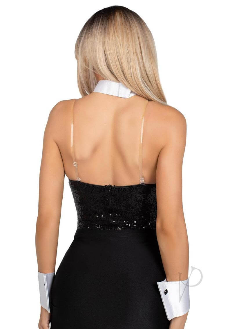 Leg Avenue Tuxedo Kit Bow Tie Collar and Cuffs White Black featuring a black sequined top and white accessories.