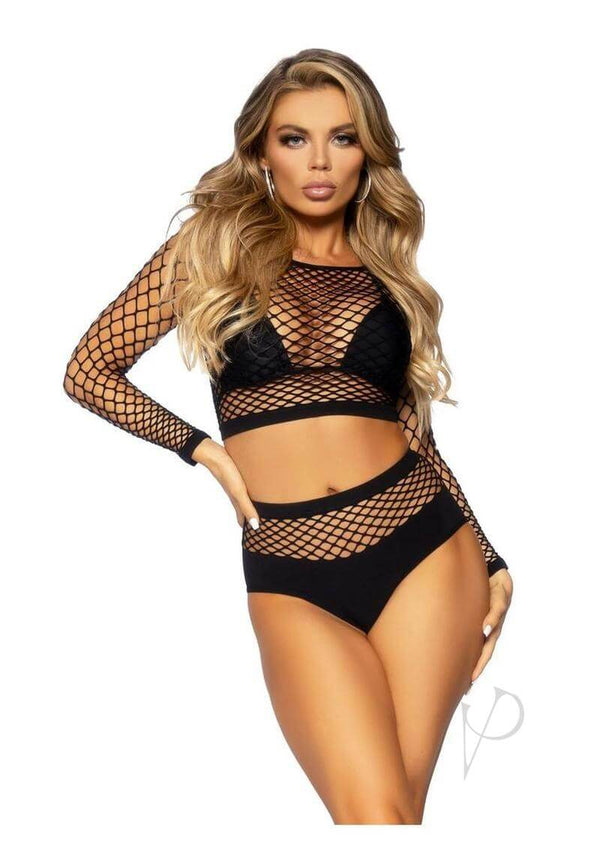 Ind Net Sleeve Crop Bottom Os 2pc Blk-0