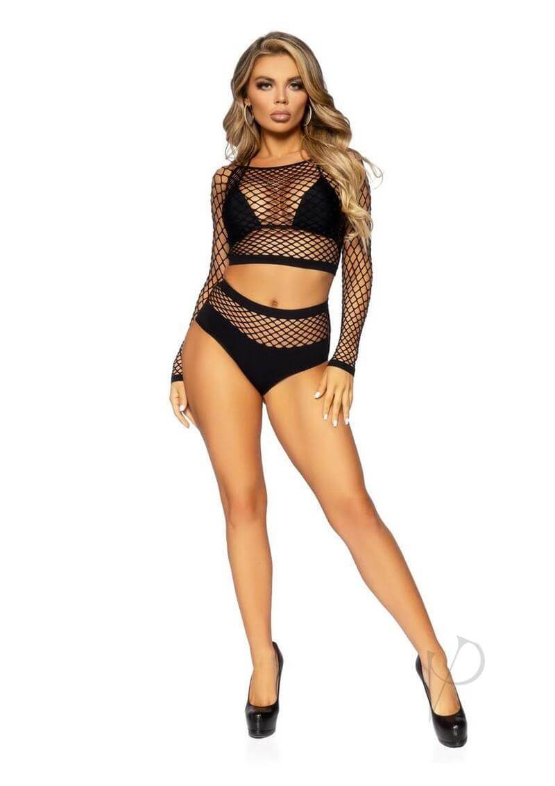 Ind Net Sleeve Crop Bottom Os 2pc Blk-2