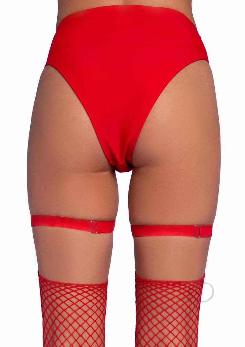 Leg Avenue Dual Strap Thigh High Garter Suspender OS Red shown from the back, featuring high-waisted red panties and fishnet stockings.
