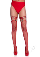 Leg Avenue Dual Strap Thigh High Garter Suspender OS Red - bold red thigh-highs with dual straps and fishnet design.